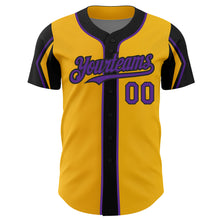 Laden Sie das Bild in den Galerie-Viewer, Custom Gold Purple-Black 3 Colors Arm Shapes Authentic Baseball Jersey
