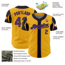 Laden Sie das Bild in den Galerie-Viewer, Custom Gold Purple-Black 3 Colors Arm Shapes Authentic Baseball Jersey
