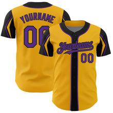 Laden Sie das Bild in den Galerie-Viewer, Custom Gold Purple-Black 3 Colors Arm Shapes Authentic Baseball Jersey
