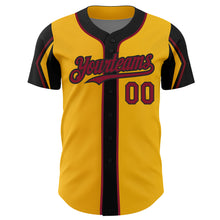 Laden Sie das Bild in den Galerie-Viewer, Custom Gold Crimson-Black 3 Colors Arm Shapes Authentic Baseball Jersey
