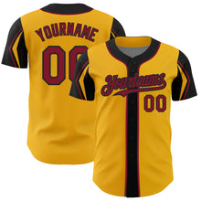 Load image into Gallery viewer, Custom Gold Crimson-Black 3 Colors Arm Shapes Authentic Baseball Jersey
