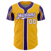 Laden Sie das Bild in den Galerie-Viewer, Custom Gold White-Purple 3 Colors Arm Shapes Authentic Baseball Jersey
