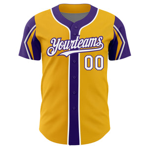 Custom Gold White-Purple 3 Colors Arm Shapes Authentic Baseball Jersey