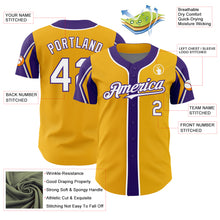 Load image into Gallery viewer, Custom Gold White-Purple 3 Colors Arm Shapes Authentic Baseball Jersey
