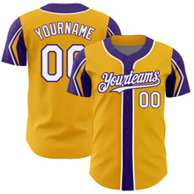 Laden Sie das Bild in den Galerie-Viewer, Custom Gold White-Purple 3 Colors Arm Shapes Authentic Baseball Jersey
