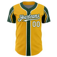 Laden Sie das Bild in den Galerie-Viewer, Custom Gold White-Green 3 Colors Arm Shapes Authentic Baseball Jersey
