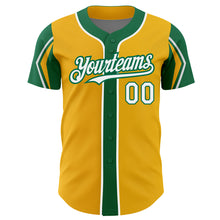 Load image into Gallery viewer, Custom Gold White-Kelly Green 3 Colors Arm Shapes Authentic Baseball Jersey
