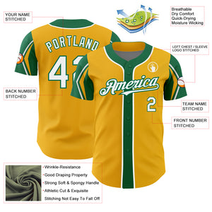 Custom Gold White-Kelly Green 3 Colors Arm Shapes Authentic Baseball Jersey
