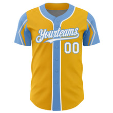 Laden Sie das Bild in den Galerie-Viewer, Custom Gold White-Light Blue 3 Colors Arm Shapes Authentic Baseball Jersey
