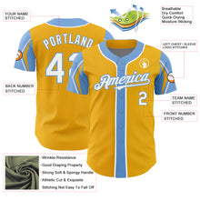 Load image into Gallery viewer, Custom Gold White-Light Blue 3 Colors Arm Shapes Authentic Baseball Jersey
