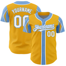 Load image into Gallery viewer, Custom Gold White-Light Blue 3 Colors Arm Shapes Authentic Baseball Jersey
