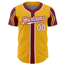 Load image into Gallery viewer, Custom Gold White-Crimson 3 Colors Arm Shapes Authentic Baseball Jersey
