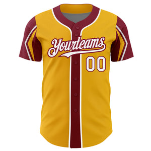 Custom Gold White-Crimson 3 Colors Arm Shapes Authentic Baseball Jersey