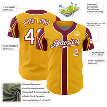 Load image into Gallery viewer, Custom Gold White-Crimson 3 Colors Arm Shapes Authentic Baseball Jersey
