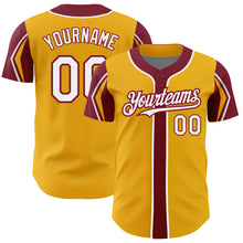 Load image into Gallery viewer, Custom Gold White-Crimson 3 Colors Arm Shapes Authentic Baseball Jersey

