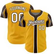 Load image into Gallery viewer, Custom Gold White-Brown 3 Colors Arm Shapes Authentic Baseball Jersey
