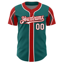 Laden Sie das Bild in den Galerie-Viewer, Custom Teal White-Red 3 Colors Arm Shapes Authentic Baseball Jersey
