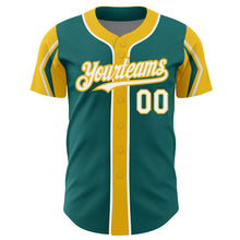 Laden Sie das Bild in den Galerie-Viewer, Custom Teal White-Yellow 3 Colors Arm Shapes Authentic Baseball Jersey
