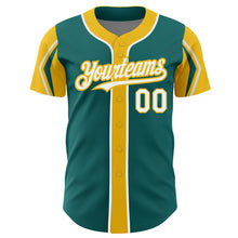 Load image into Gallery viewer, Custom Teal White-Yellow 3 Colors Arm Shapes Authentic Baseball Jersey
