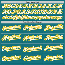 Load image into Gallery viewer, Custom Teal White-Yellow 3 Colors Arm Shapes Authentic Baseball Jersey
