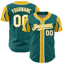 Load image into Gallery viewer, Custom Teal White-Yellow 3 Colors Arm Shapes Authentic Baseball Jersey
