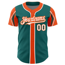 Laden Sie das Bild in den Galerie-Viewer, Custom Teal White-Orange 3 Colors Arm Shapes Authentic Baseball Jersey
