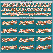 Load image into Gallery viewer, Custom Teal White-Orange 3 Colors Arm Shapes Authentic Baseball Jersey
