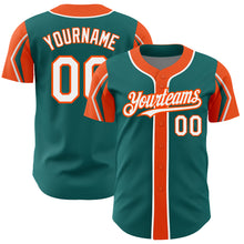 Load image into Gallery viewer, Custom Teal White-Orange 3 Colors Arm Shapes Authentic Baseball Jersey
