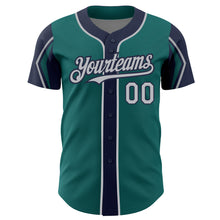Загрузить изображение в средство просмотра галереи, Custom Teal Gray-Navy 3 Colors Arm Shapes Authentic Baseball Jersey
