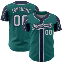 Загрузить изображение в средство просмотра галереи, Custom Teal Gray-Navy 3 Colors Arm Shapes Authentic Baseball Jersey
