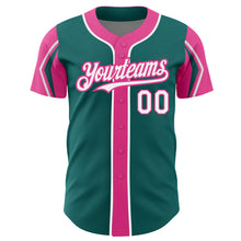 Laden Sie das Bild in den Galerie-Viewer, Custom Teal White-Pink 3 Colors Arm Shapes Authentic Baseball Jersey
