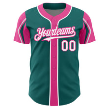 Load image into Gallery viewer, Custom Teal White-Pink 3 Colors Arm Shapes Authentic Baseball Jersey
