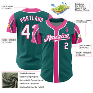 Custom Teal White-Pink 3 Colors Arm Shapes Authentic Baseball Jersey