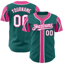 Laden Sie das Bild in den Galerie-Viewer, Custom Teal White-Pink 3 Colors Arm Shapes Authentic Baseball Jersey
