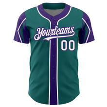 Laden Sie das Bild in den Galerie-Viewer, Custom Teal White-Purple 3 Colors Arm Shapes Authentic Baseball Jersey
