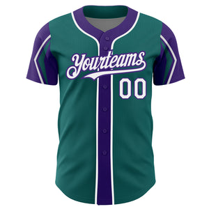 Custom Teal White-Purple 3 Colors Arm Shapes Authentic Baseball Jersey