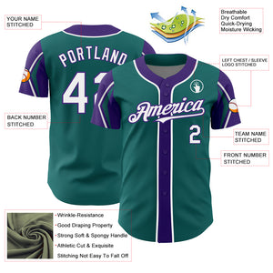 Custom Teal White-Purple 3 Colors Arm Shapes Authentic Baseball Jersey