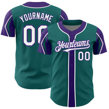 Load image into Gallery viewer, Custom Teal White-Purple 3 Colors Arm Shapes Authentic Baseball Jersey
