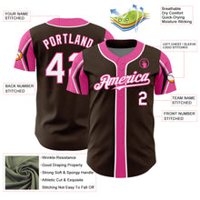 Load image into Gallery viewer, Custom Brown White-Pink 3 Colors Arm Shapes Authentic Baseball Jersey
