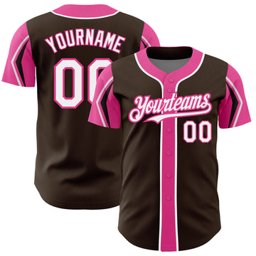 Custom Brown White-Pink 3 Colors Arm Shapes Authentic Baseball Jersey