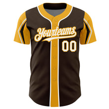 Load image into Gallery viewer, Custom Brown White-Gold 3 Colors Arm Shapes Authentic Baseball Jersey

