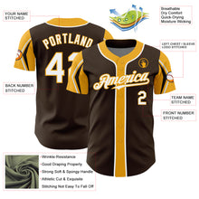 Laden Sie das Bild in den Galerie-Viewer, Custom Brown White-Gold 3 Colors Arm Shapes Authentic Baseball Jersey
