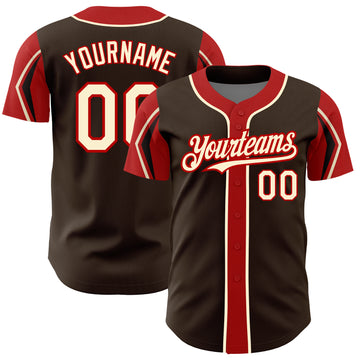 Custom Brown Cream-Red 3 Colors Arm Shapes Authentic Baseball Jersey