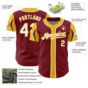 Custom Crimson White-Yellow 3 Colors Arm Shapes Authentic Baseball Jersey