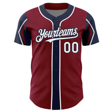 Laden Sie das Bild in den Galerie-Viewer, Custom Crimson White-Navy 3 Colors Arm Shapes Authentic Baseball Jersey
