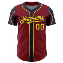 Laden Sie das Bild in den Galerie-Viewer, Custom Crimson Gold-Navy 3 Colors Arm Shapes Authentic Baseball Jersey
