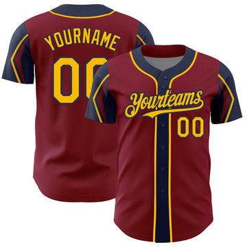 Custom Crimson Gold-Navy 3 Colors Arm Shapes Authentic Baseball Jersey