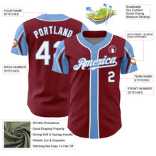 Load image into Gallery viewer, Custom Crimson White-Light Blue 3 Colors Arm Shapes Authentic Baseball Jersey
