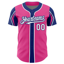 Laden Sie das Bild in den Galerie-Viewer, Custom Pink White-Royal 3 Colors Arm Shapes Authentic Baseball Jersey

