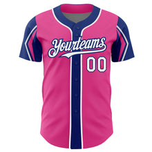 Load image into Gallery viewer, Custom Pink White-Royal 3 Colors Arm Shapes Authentic Baseball Jersey
